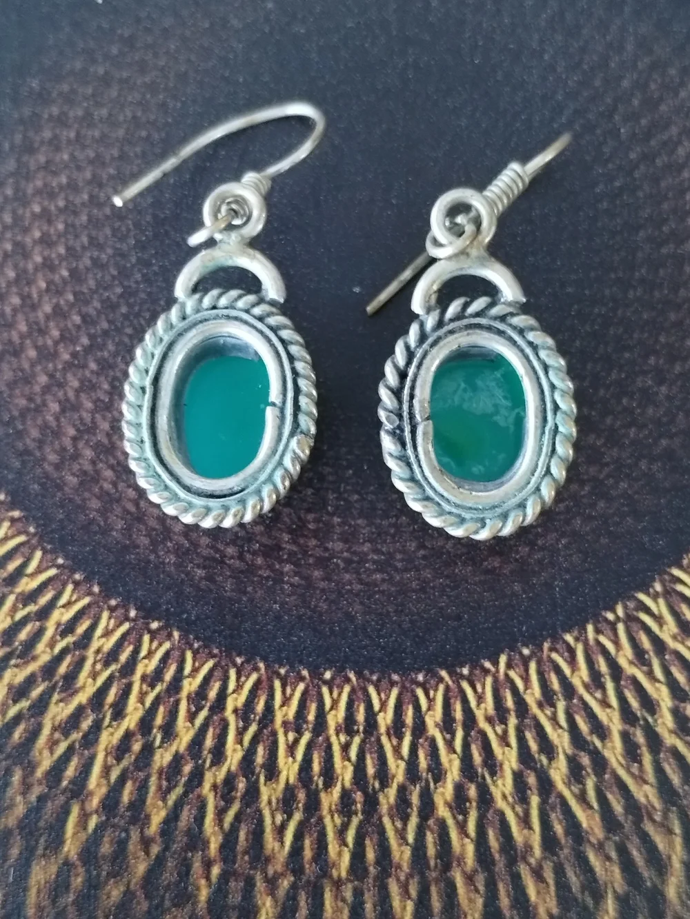 Vintage Indian Silver Teal Oval Drop Earrings